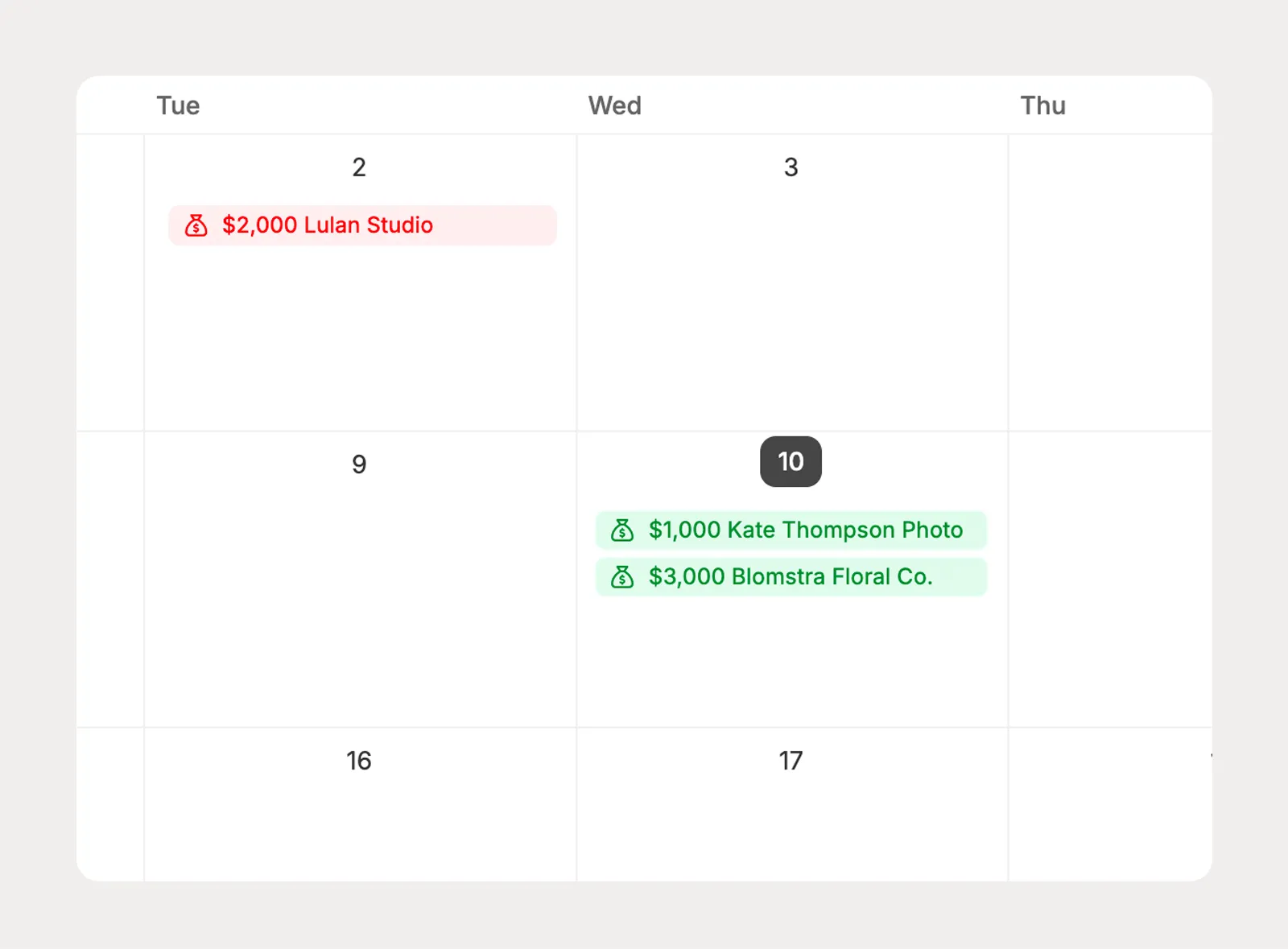 See vendor payment due dates on the calendar
