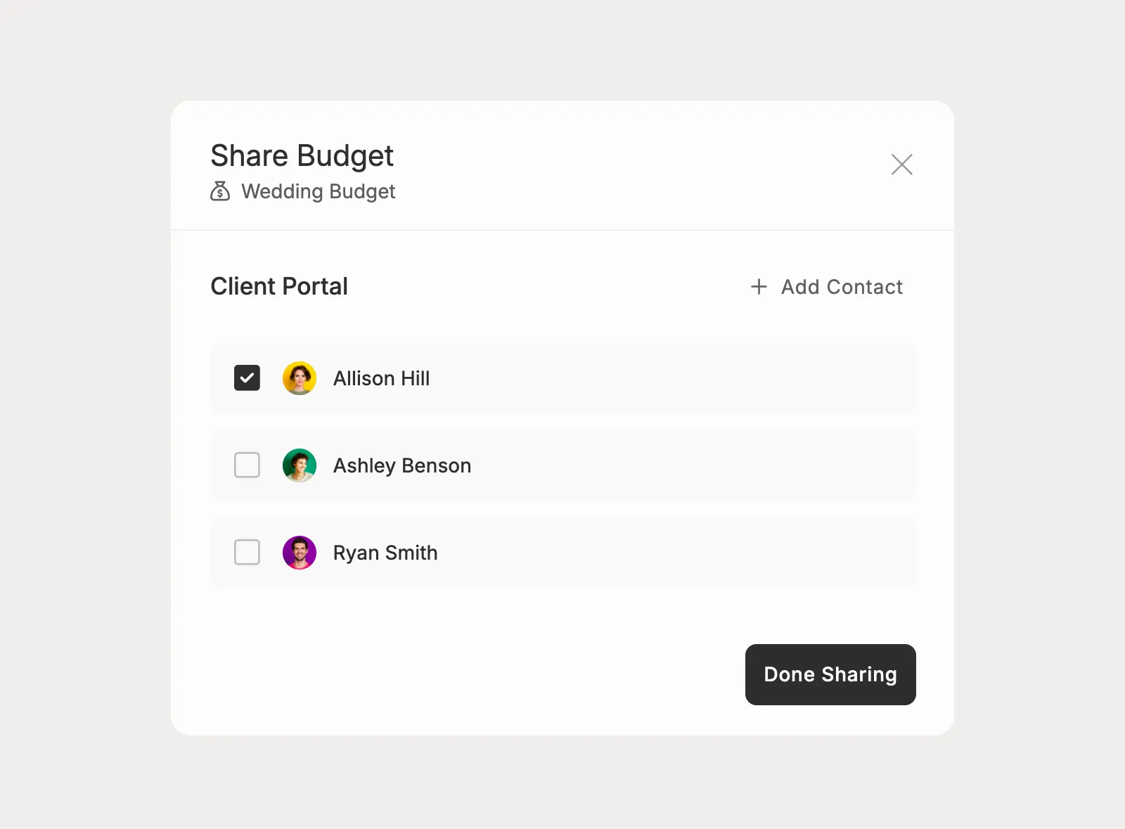 Share budget details with selected clients