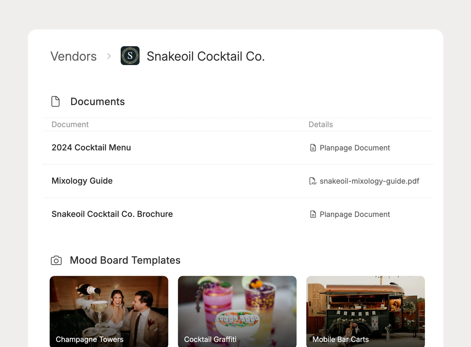 Save vendor documents and mood board templates